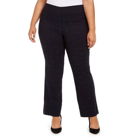 Alfani Women Plus Straight Leg Plaid Pull-On Casual Pants Dark Blue - Picture 1 of 6